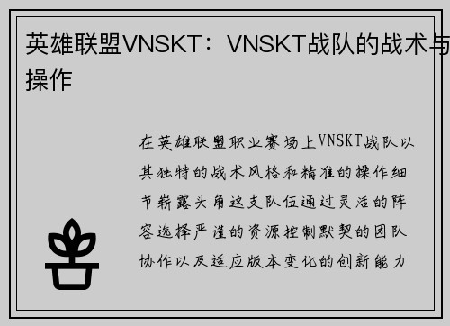 英雄联盟VNSKT：VNSKT战队的战术与操作